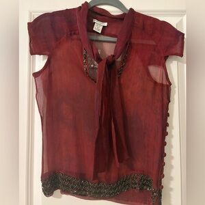 Sharagano Sheer Burgundy Blouse with Embellished Trim